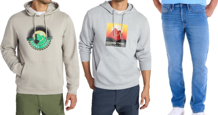 Three men's clothing items displayed side by side, featuring a light tan Ozark Trail graphic hoodie on the left, a gray Ozark Trail mountain graphic hoodie in the middle, and medium-wash blue jeans on the right.