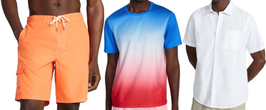 Three men's clothing items displayed side by side, featuring bright orange swim trunks with white drawstrings on the left, a blue-to-red ombre t-shirt in the middle, and a white short-sleeve button-down shirt on the right.
