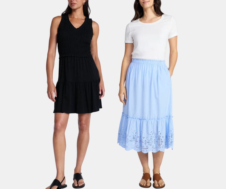 womens smocked mini dress and eyleet midi skirt