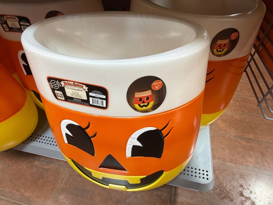 a Halloween candy bowl blow mold that looks like a Jack-o-lantern candy corn