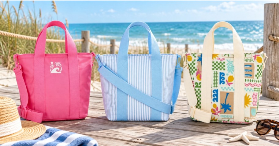 3 different colors of insulated beach cooler bags sitting on a walkway at the beach