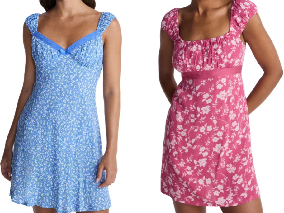 2 women wearing dresses of pink and blue