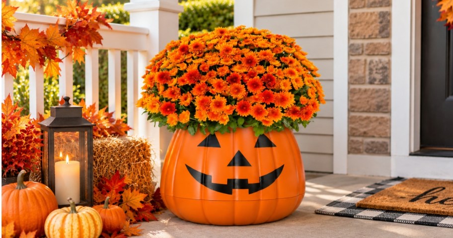 an orange mum in a jack-o-lantern planter on a front porch