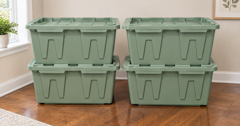 4 green totes against a wall