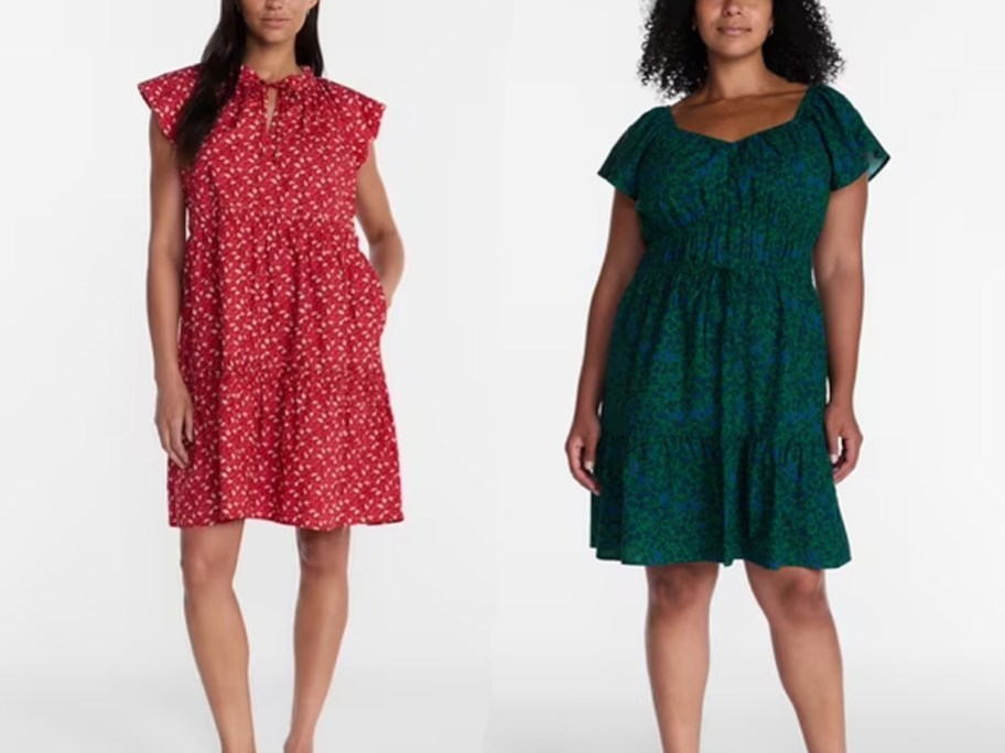 women wearing red and green dresses