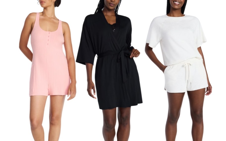sleep rompers, short robe, and 2 piece pj shorts set