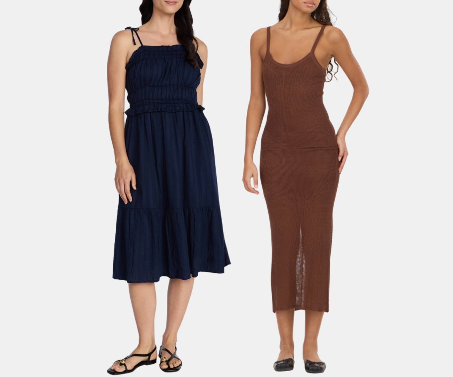 woman in a navy sleevelss midi dress and a woman in a chrocheted maxi dress