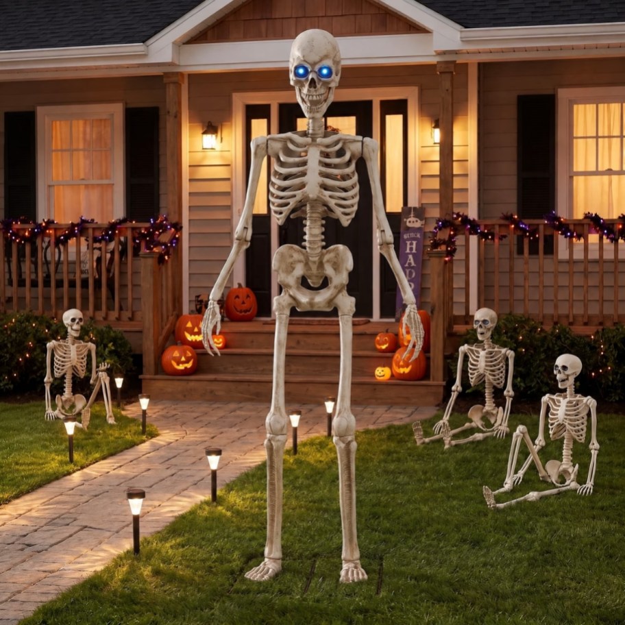 8ft animated skeleton in a front yard