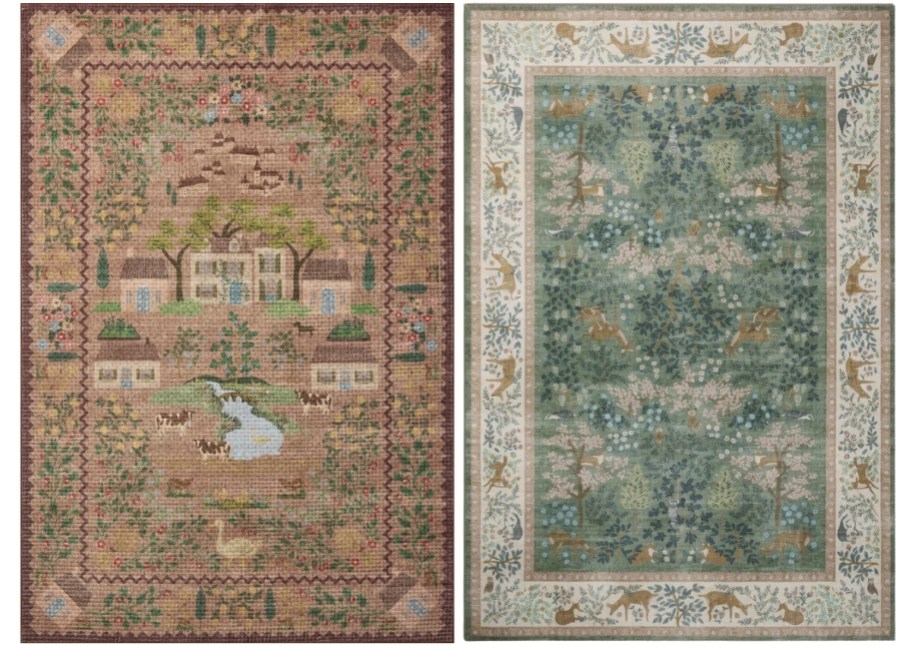 two large area rugs in muted colors and floral patterns