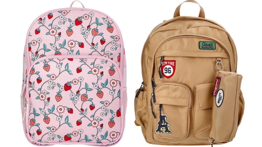 straw berry print and khaki backpacks