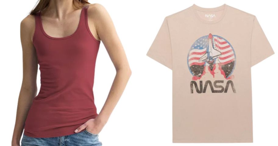 a woman wearing a tank top next to a men's nasa tee
