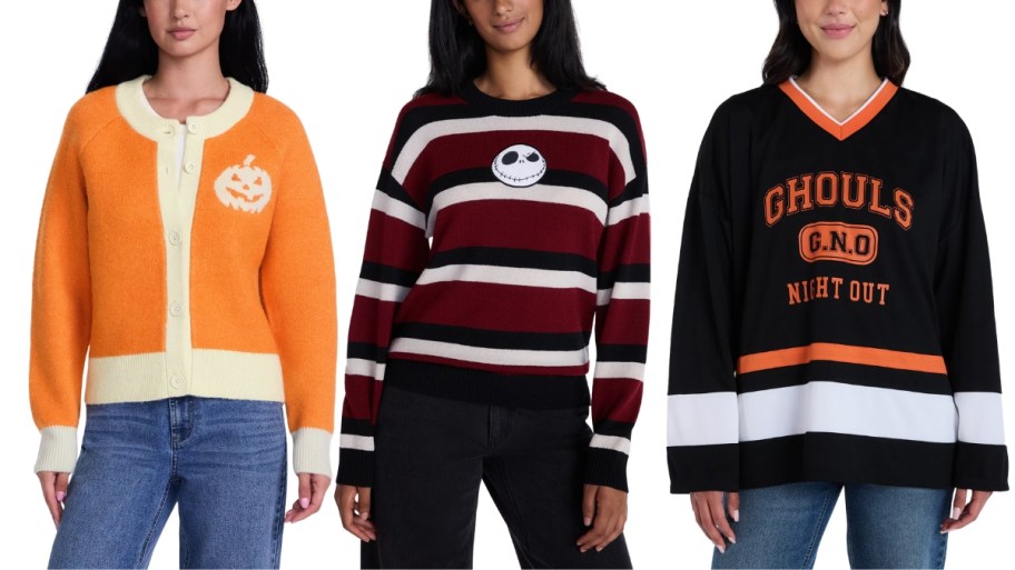 3 women wearing 3 different styles of halloween sweaters