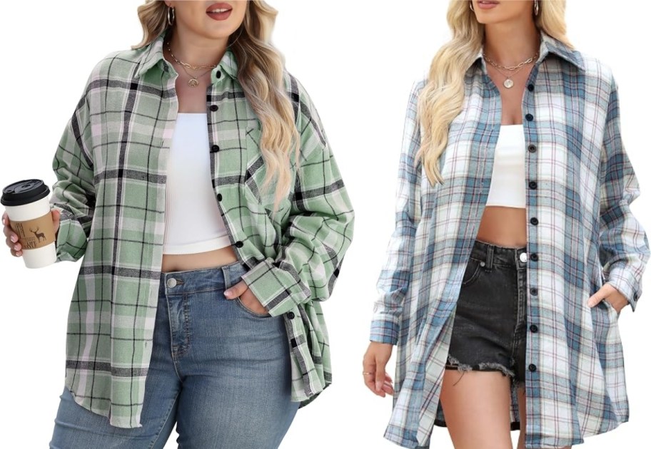 two women wearing flannel shirts