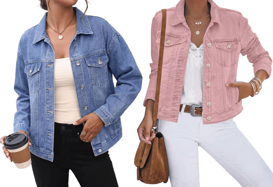 2 women wearing blue and pink denim jackets