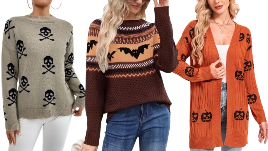 two women wearing haloween crew neck sweaters and a woman in a cardigan