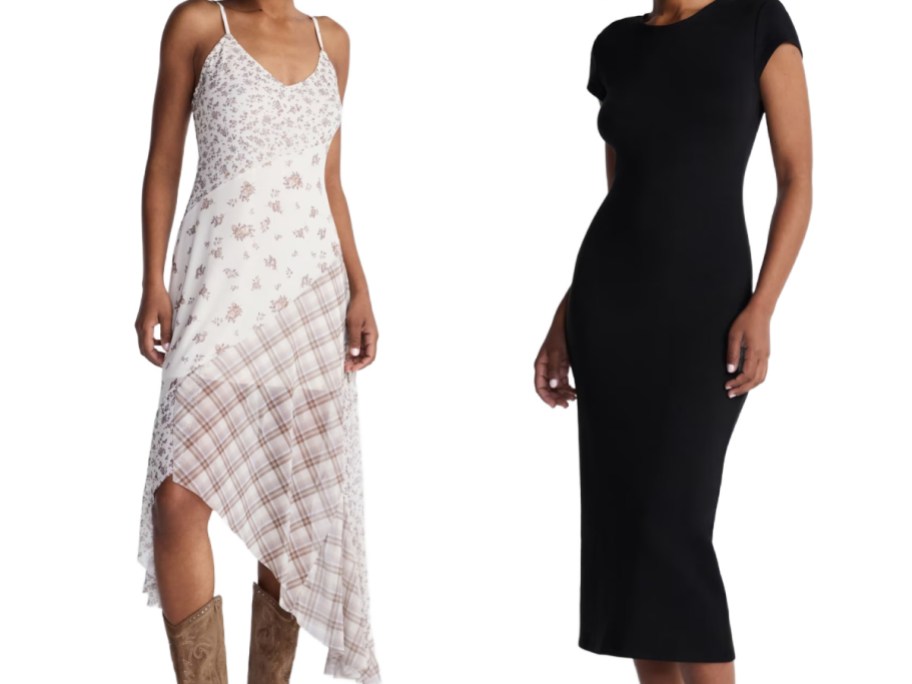 2 women wearing black and white dresses