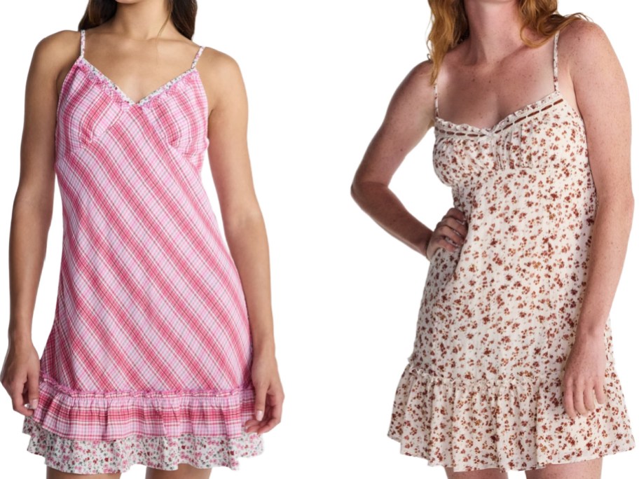 women wearing dresses in pink and brown