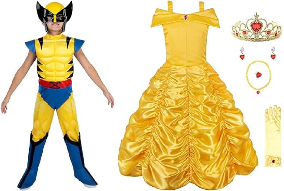 A child wearing a Wolverine costume next to a yellow princess dress set with a tiara, necklace, earrings, and gloves.