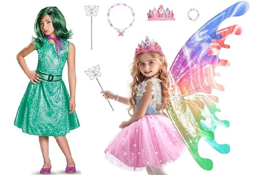 A child wearing an Inside Out Disgust costume next to a child wearing a fairy princess costume with iridescent wings, a tutu, and accessories.