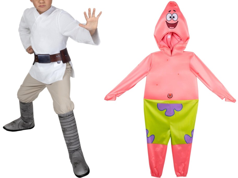 A child wearing a Luke Skywalker costume and a Patrick Star jumpsuit costume.