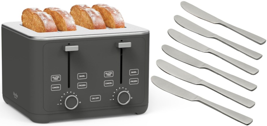 A dark gray four-slice toaster with toasted bread slices inside on the left, alongside a set of six matching stainless steel cocktail spreaders on the right.