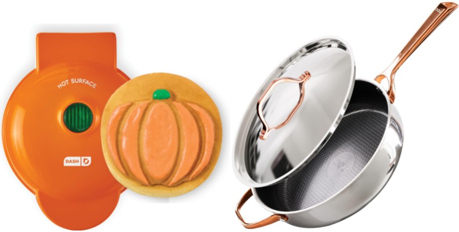 An orange Dash mini maker next to a pumpkin-shaped waffle on the left, alongside a stainless steel pan with copper-colored handles and a matching lid on the right.