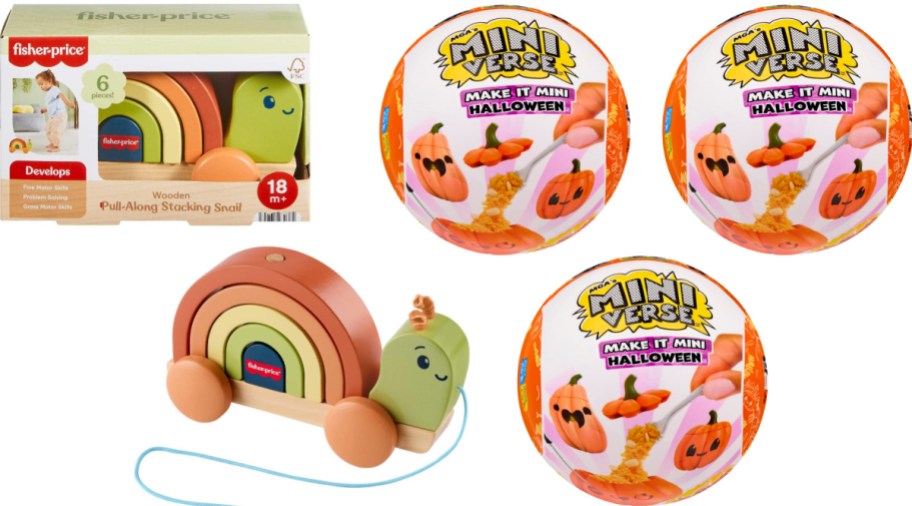 A Fisher-Price wooden pull-along stacking snail toy shown with its packaging alongside three MGA's Miniverse Make It Halloween mystery balls.