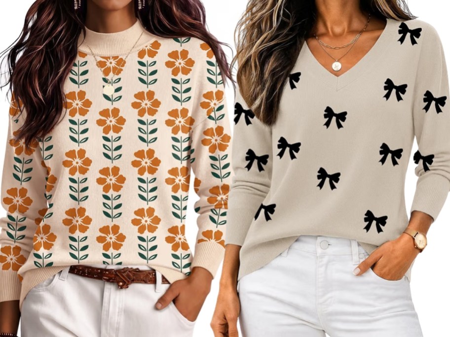 woman wearing a floral sweater and woman wearing a sweater with bows on it