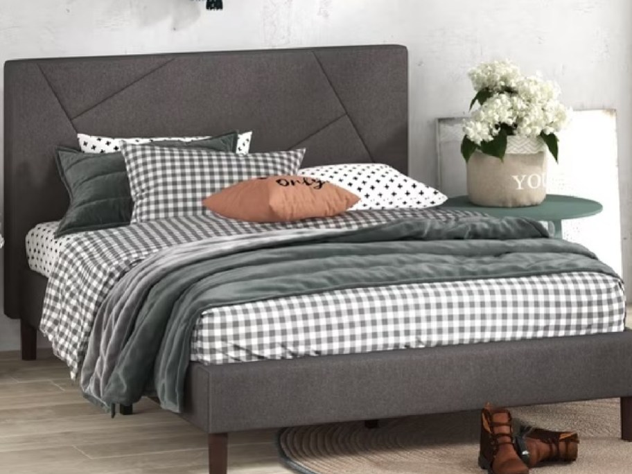 gray bed in bedroom