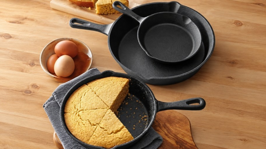 three piece cast iron skillet set