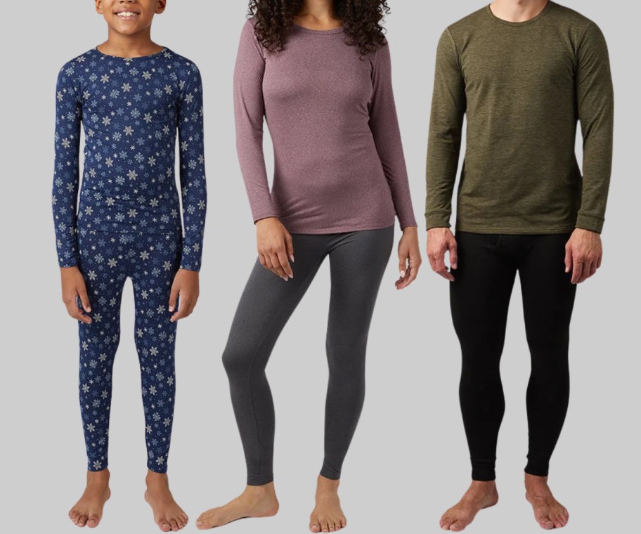 kids, woman and man wearing baselayer tops and bottoms