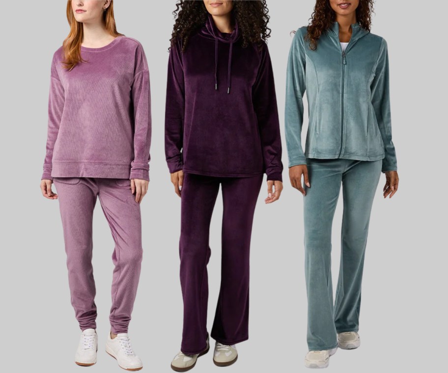 3 women wearing velous tops and bottoms