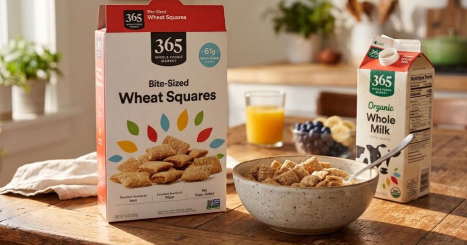365 Whole Foods Frosted Shredded Wheat Cereal in a box next to a bowl of cereal and a carton of milk on a kitchen table