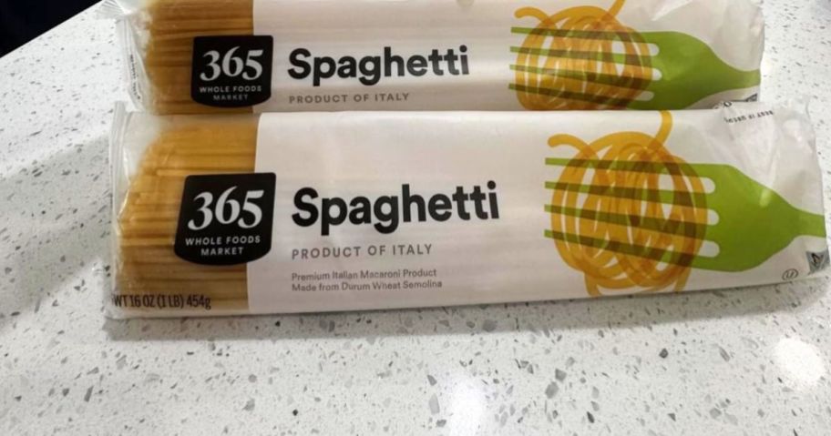 365 by Whole Foods Market Pasta 16oz packages on kitchen counter