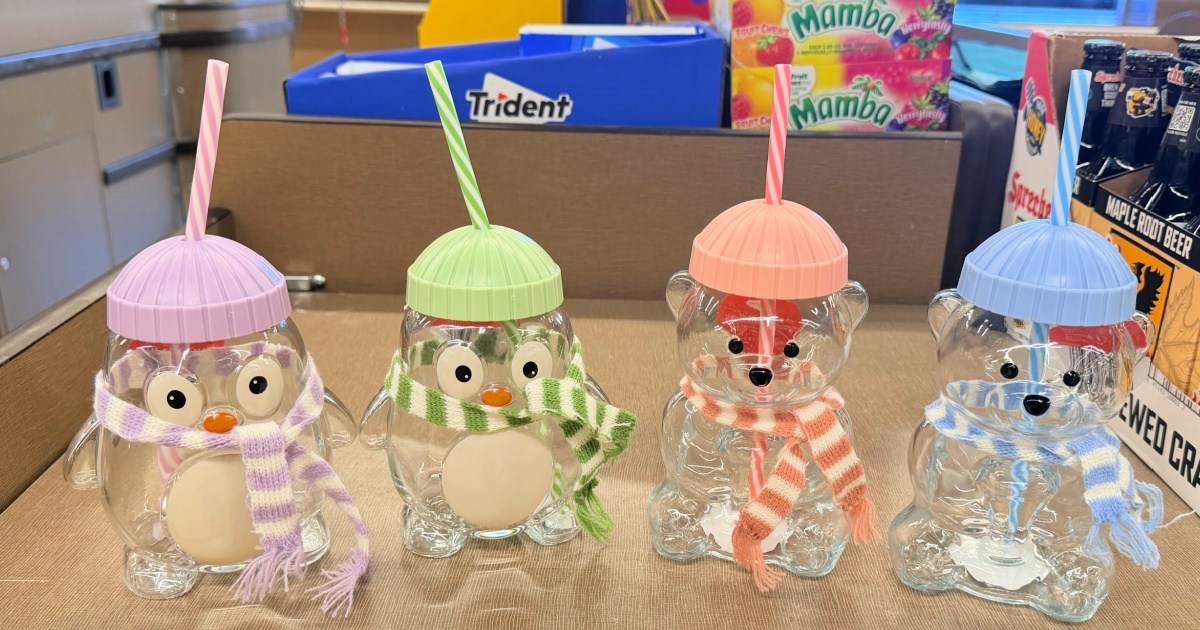 4 different animal themed glass sippers on display inside Aldi store