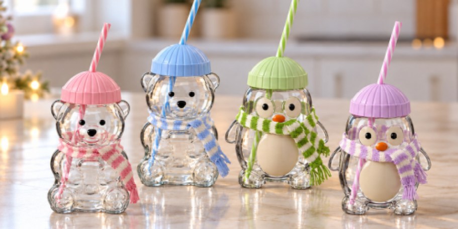ALDI’s $4.99 Bear & Penguin Glass Sippers Arrive 10/21 (Those Tiny Scarves!)