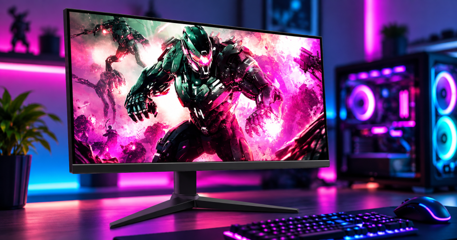 Amazon Basics Gaming Monitor on a desk with colorful equipment