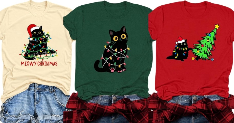stock images of three styles of cat-themed christmas tees in cream, green, and red