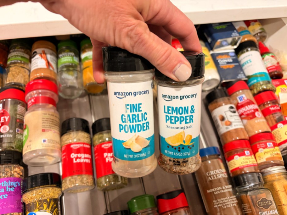 Hand holding up fine garlic powder and lemon and pepper, Amazon spices