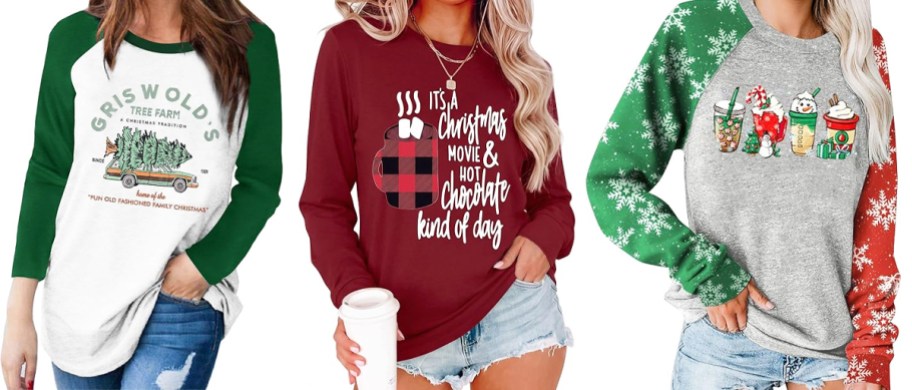 three women modeling christmas graphic shirts