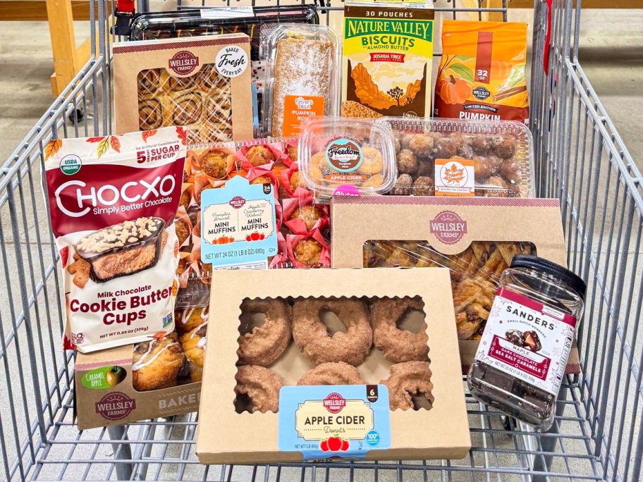 various fall foods in a shopping cart