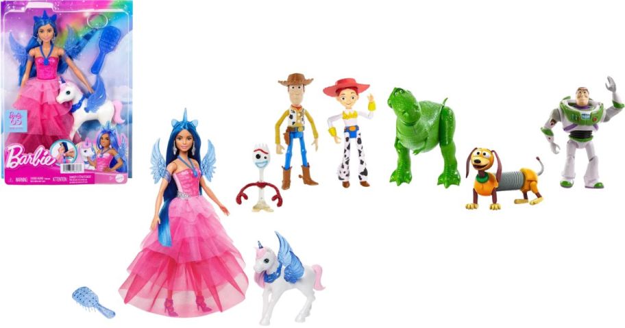 Barbie Unicorn 65th Anniversary Doll and Disney Toy Story Pixar RV Friends 6-Pack Figure Set