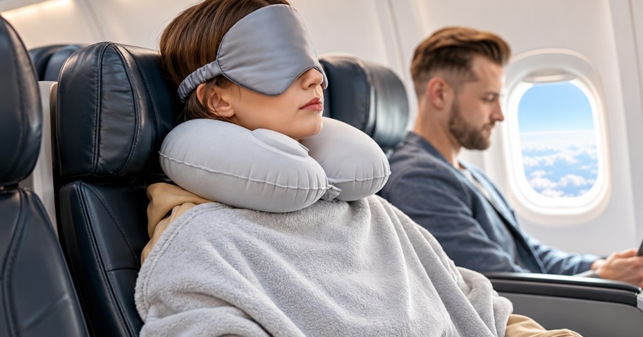 woman on airplane with a face mask, neck pillow, and blanket