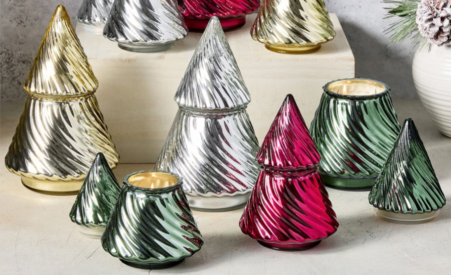 gold, silver, green, and red christmas tree candles