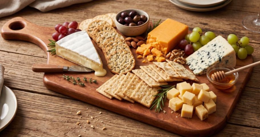 Better Homes wood Serving Board with cheese and crackers on it