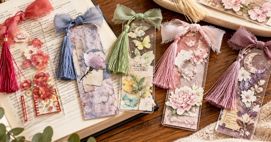 floral print bookmarks with bows and tassels