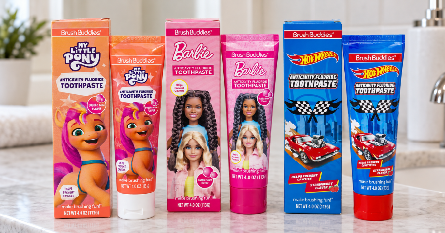 Brush Buddies Kids&rsquo; Toothpaste Trio on Bathroom Countertop