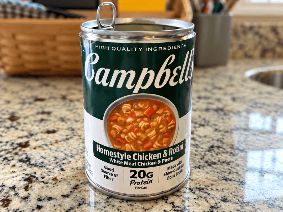 Campbell&rsquo;s Homestyle Chicken & Rotini Protein Soup on Kitchen Counter