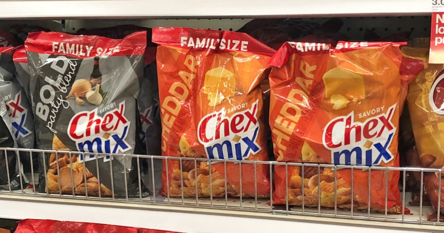 Chex Mix Family Size Bags on store shelf
