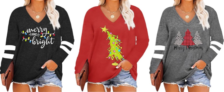 three women modeling christmas graphic shirts